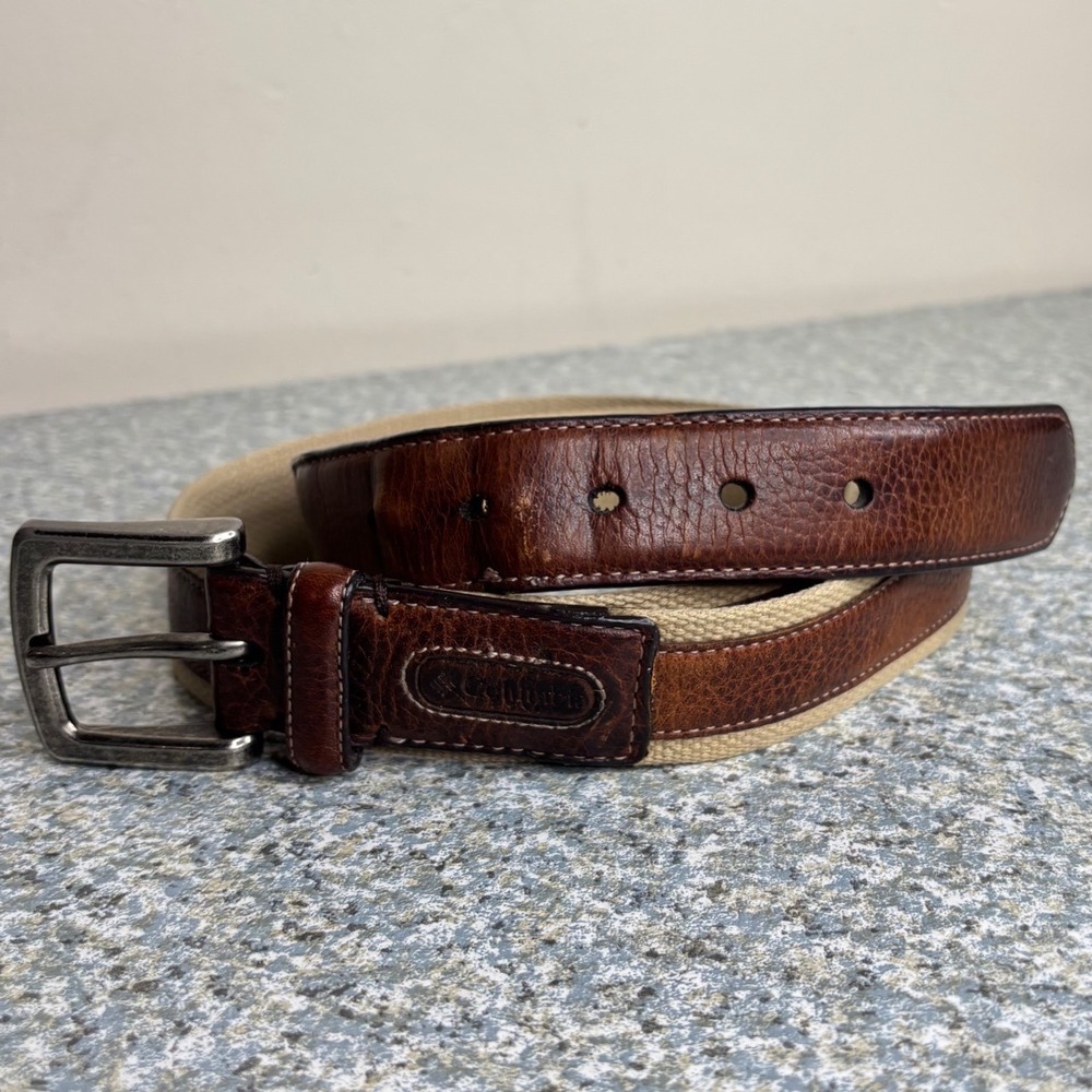 Columbia Belt Mens 40 Brown Leather Tan Cotton Webbing Casual Outdoor 11CO0331